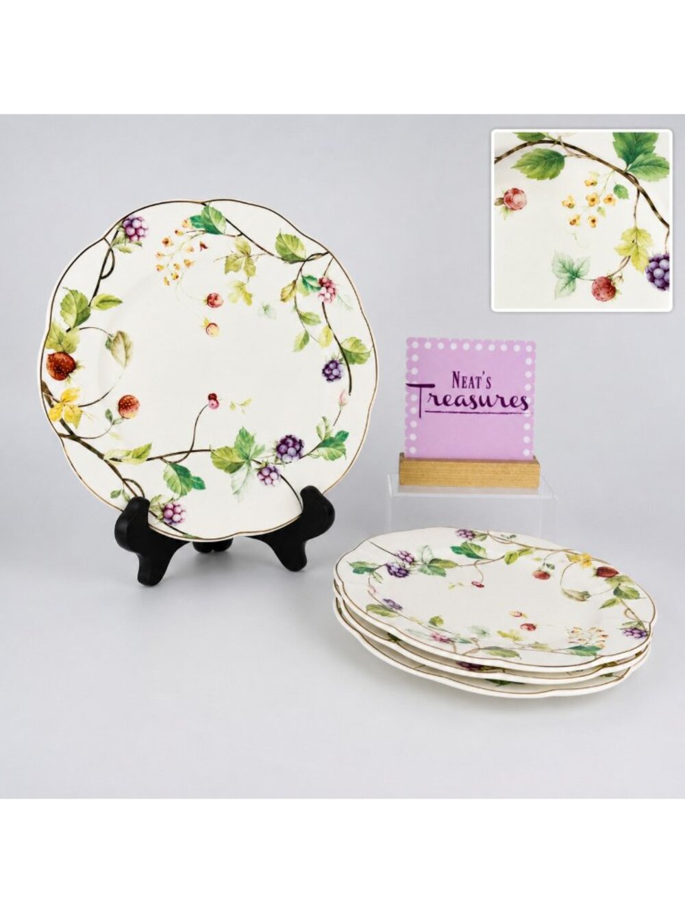 Grace's Teaware SUMMER BERRY Scalloped Gold Trim Porcelain Salad Plates Set 4
